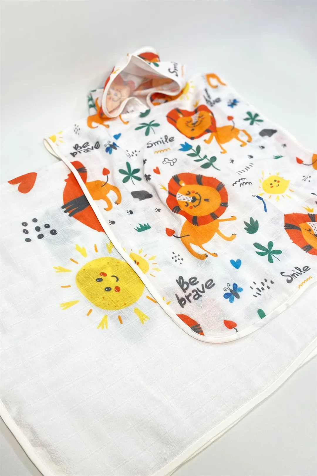 Muslin Poncho (1-3y) and Muslin Blanket (100x100cm) set flower animal fruit pattarned