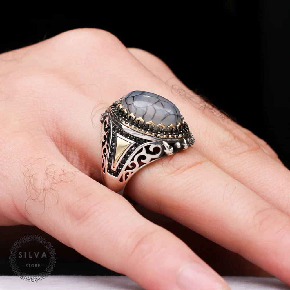 Original Sterling 925 Silver Men's ring With Agate Stone. Men's Jewelry Stamped With Silver Stamp 925 All Sizes Are Available