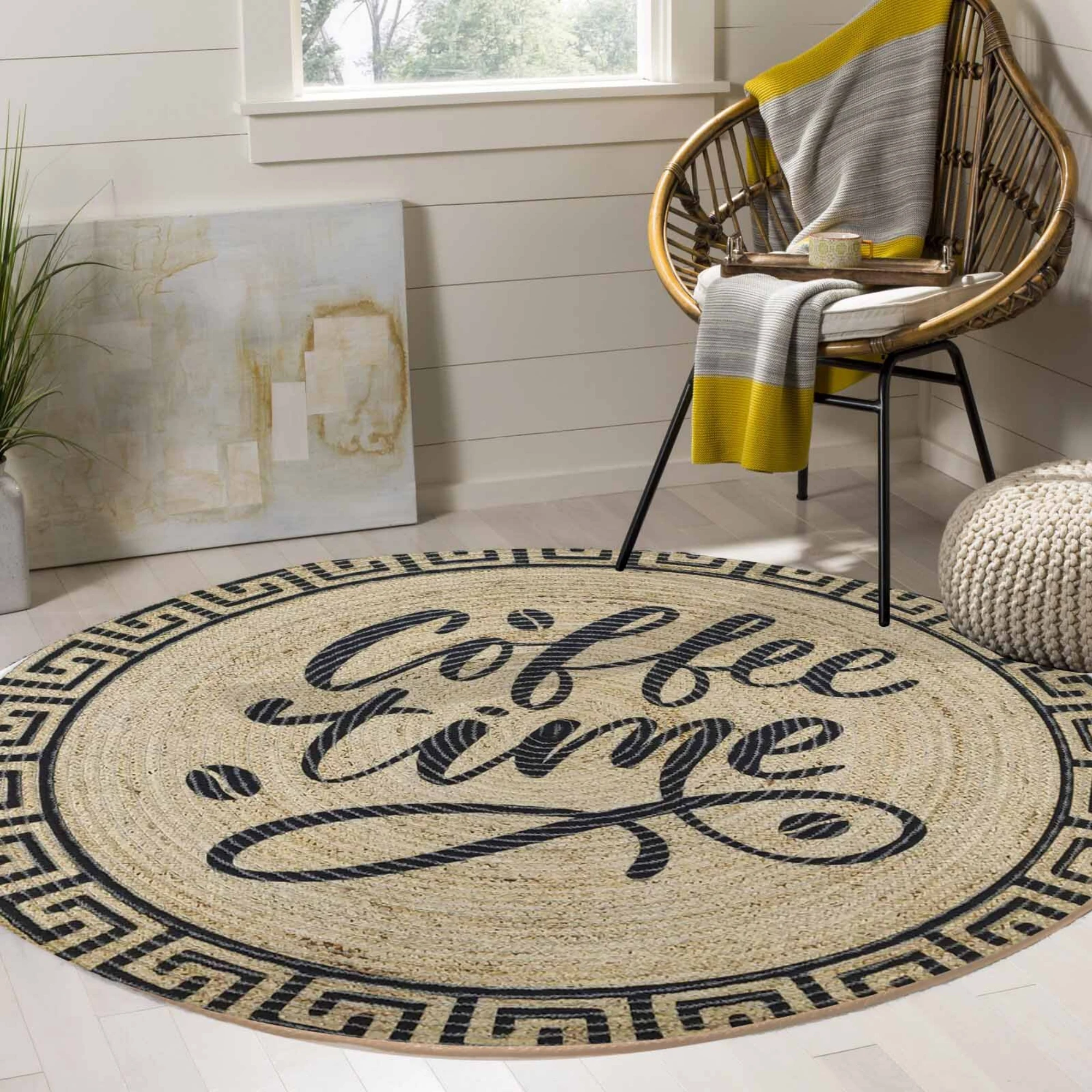 

Else Coffee Time Kitchen Turkish Sisal Handmade Flatweave Natural Jute Carpet Round Floor Mat Living Room Bedroom Sisal Area Rug