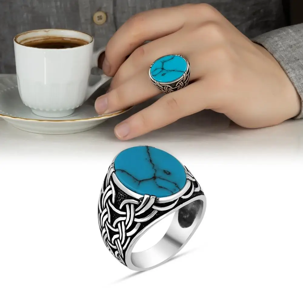 

Turquoise Stone 925 Sterling Silver Men's Ring with Chain Motif, Handmade Ottoman Style, Jewelry for Stylish Men Freeshipping