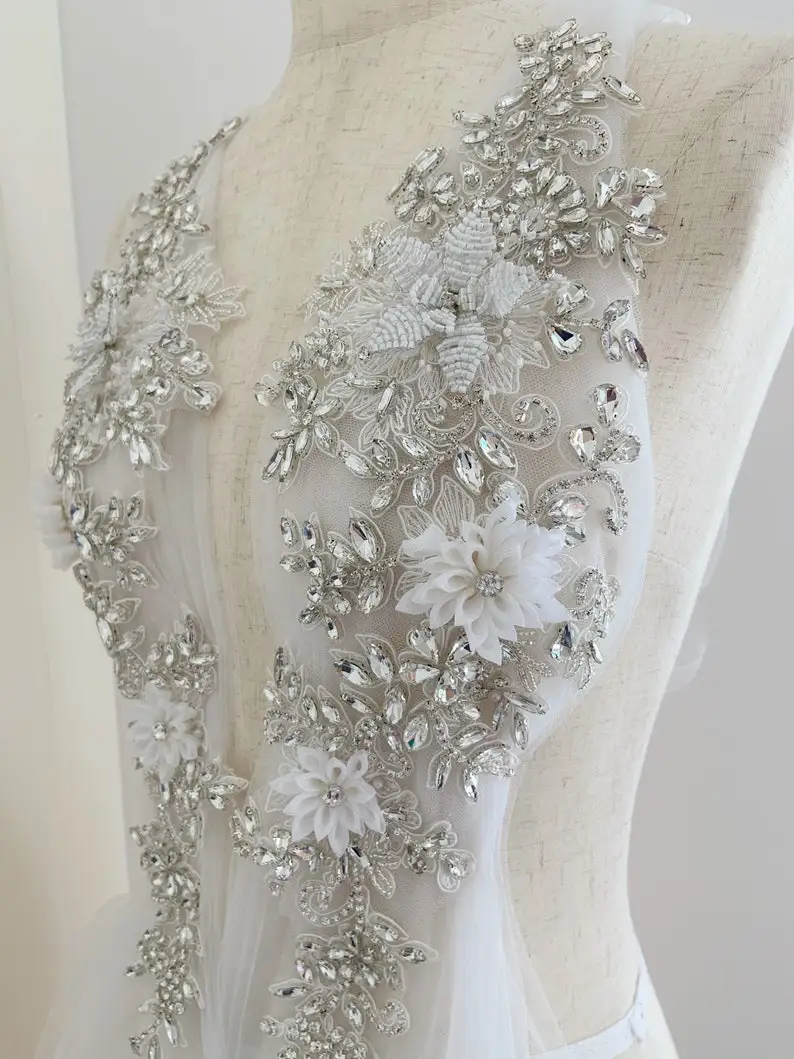 Silver Rhinestone Appliqué With 3d Hand Crafted Flowers French Bead Bodice Patch For Couture Dance Costume, Bridal Dress,