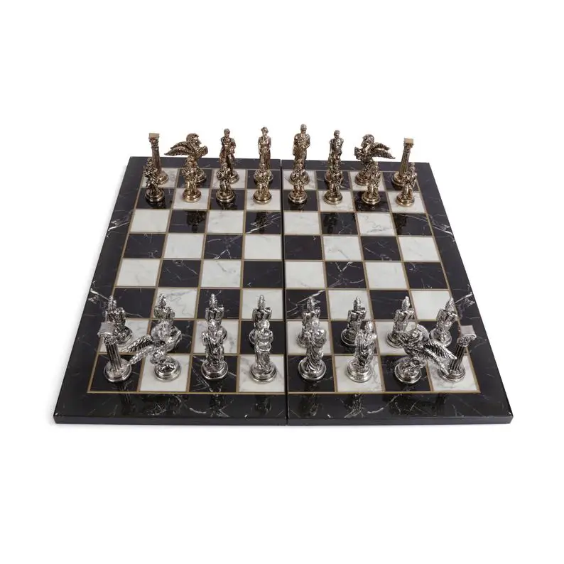 Medium Mythologic Pegasus Metal Chess Set for Adults, Handmade Pieces and Marble Design Wood Chess Board King 8 cm