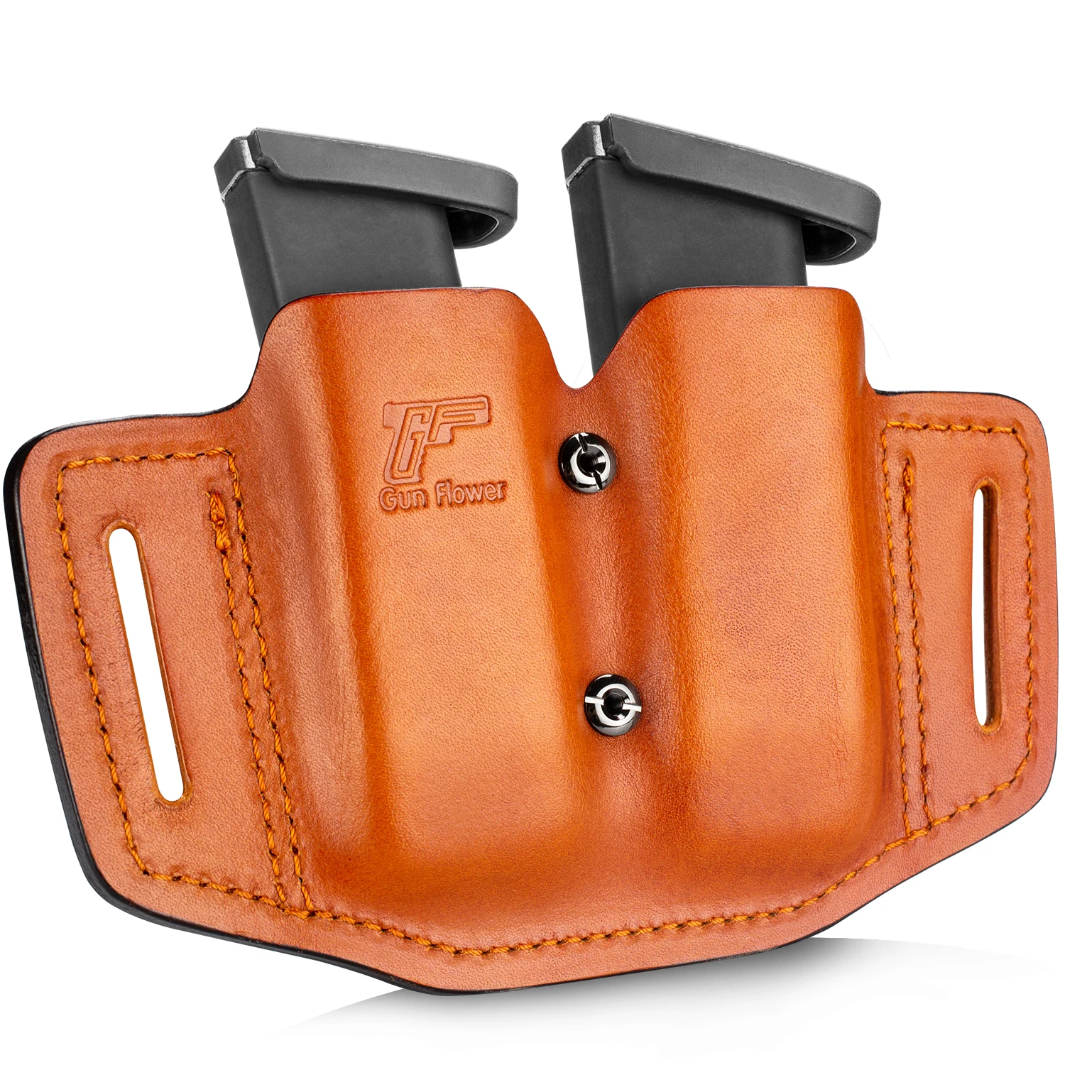 Gun&flower Double Magazine Pouches of Full Grain Leather Universal 9/40 Double Stack Mag Carrier