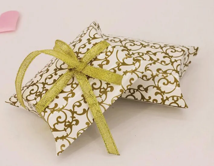 20pcs Small Pillow Gift Packaging Box,Gold Chocolate Boxes with Ribbon,Mini Silver Wedding Favors Boxes for Guests