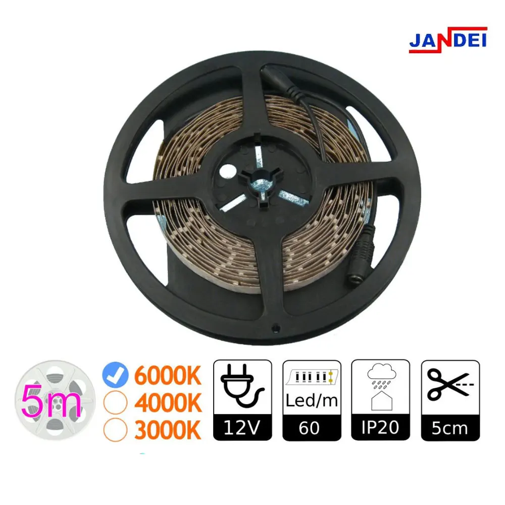 JANDEI-indoor led strip 12V 6000K/4000K/3000K 60 leds IP20 SMD2835 coil 5 meters, led lights, leds interior decoration, Decorative led