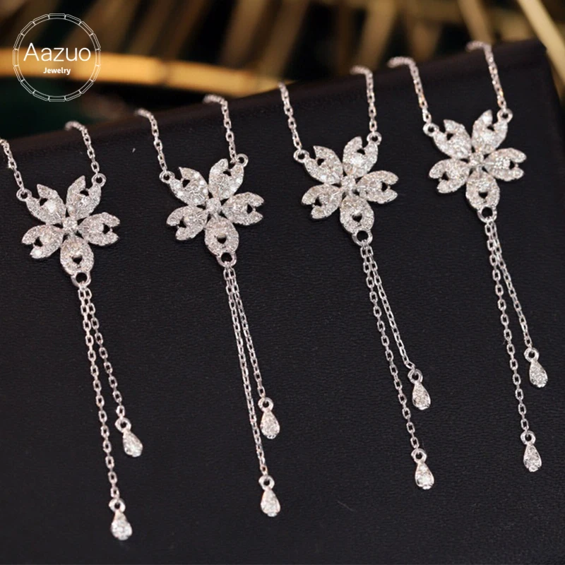 Aazuo 18K Solid White Gold Real Diamond 0.30ct H SI Lovely Flower Drop Chain Necklace Gifted For Women Birthday Wedding Party