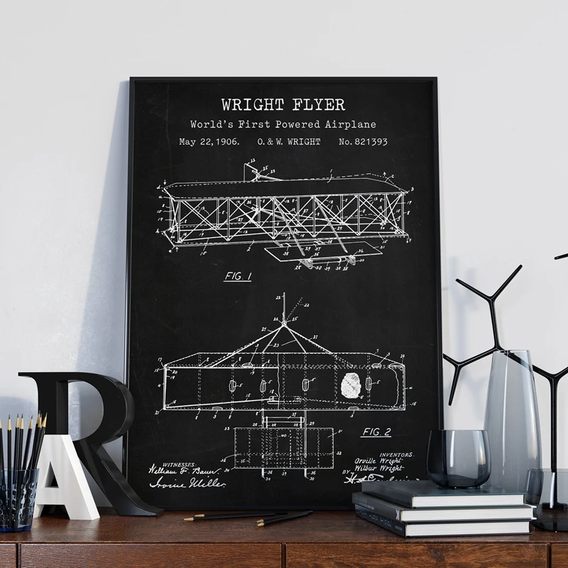 Flying Machine Prints Wright Brother Aircraft Patent Vintage Poster Airplane Blueprint Art Canvas Painting Nursery Wall Decor