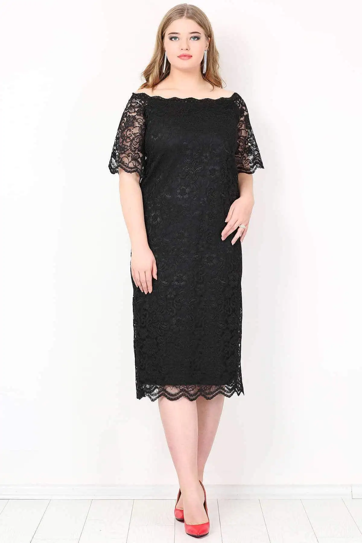 Angelino Plus Size Guipure Evening Wedding Party Lace Black Mid Length Half Sleeve Open Neck Dress Night Lined Lycra Chic Gown