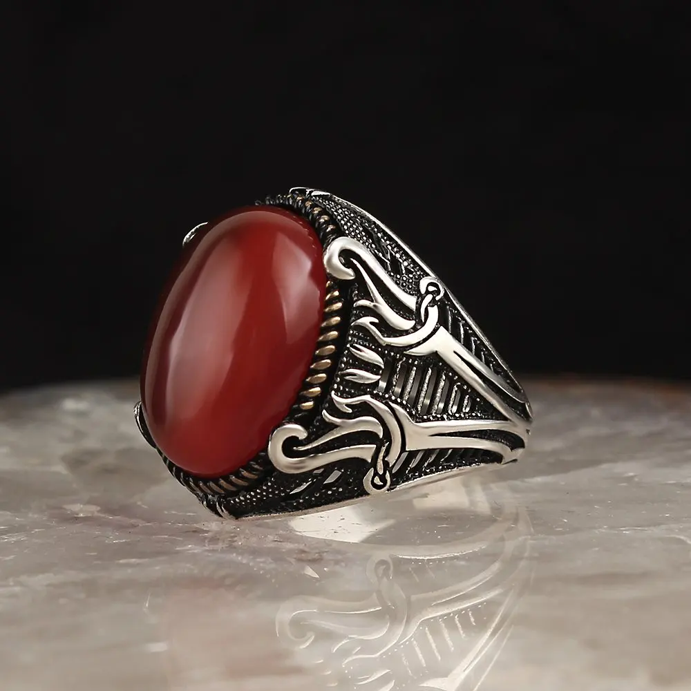 

Red AkikTaşlı Sword Model 925 Sterling Silver Men 'S Ring