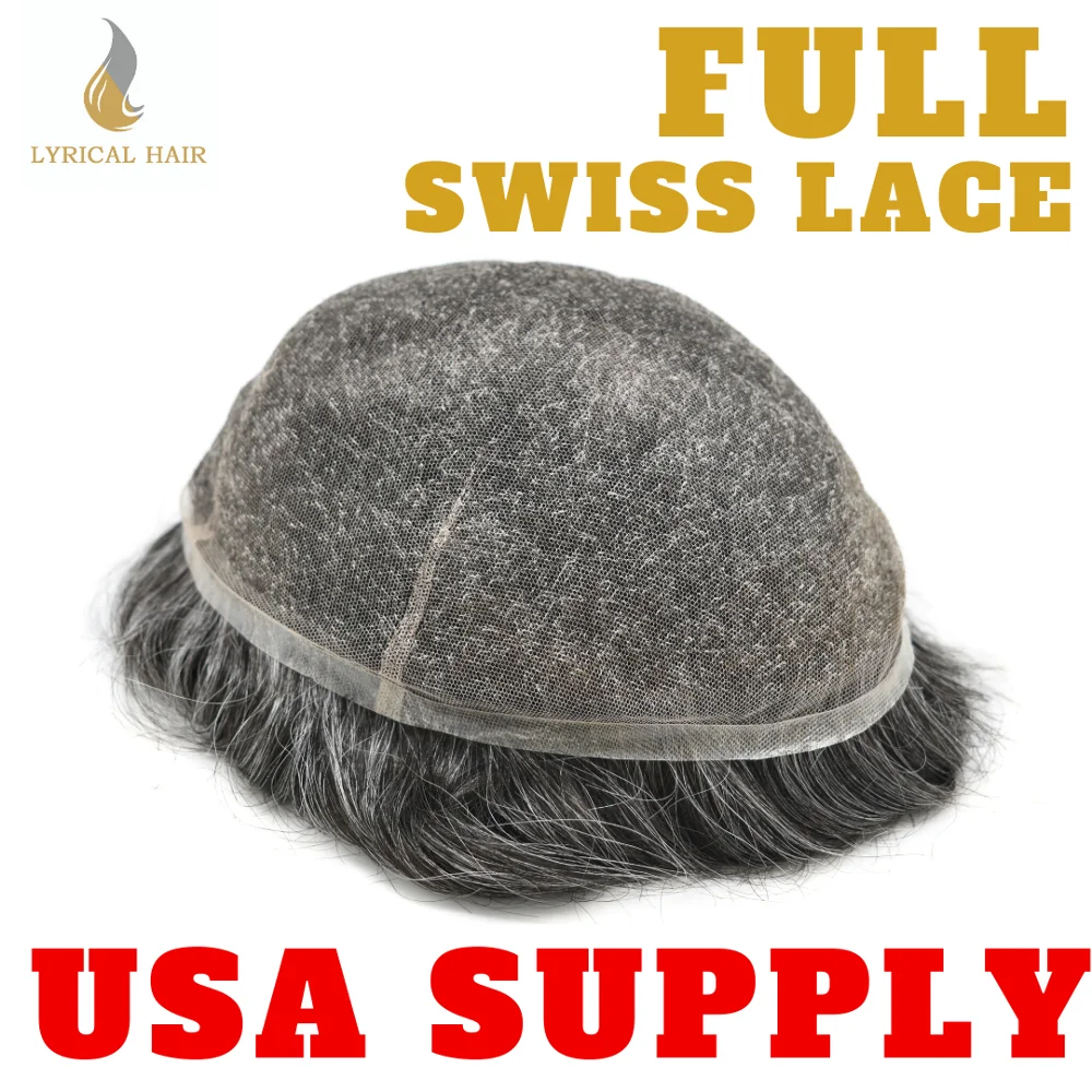 

Swiss Lace Mens Toupee Hairpiece Full Lace Soft Hair Replacement System Transparent With Gray Hair Wig