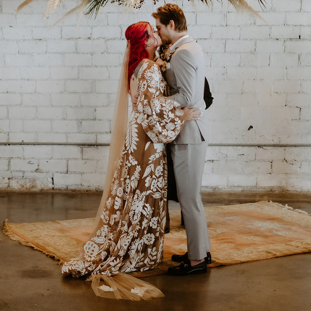 Robe de Mariée en Dentelle Florale à Manches sulfBouffantes, Style Boho, Surpoids, Grande Taille, Deux Pièces, Sur Mesure, Col en V, Sirène, Hiphélicoptère, pour Patients