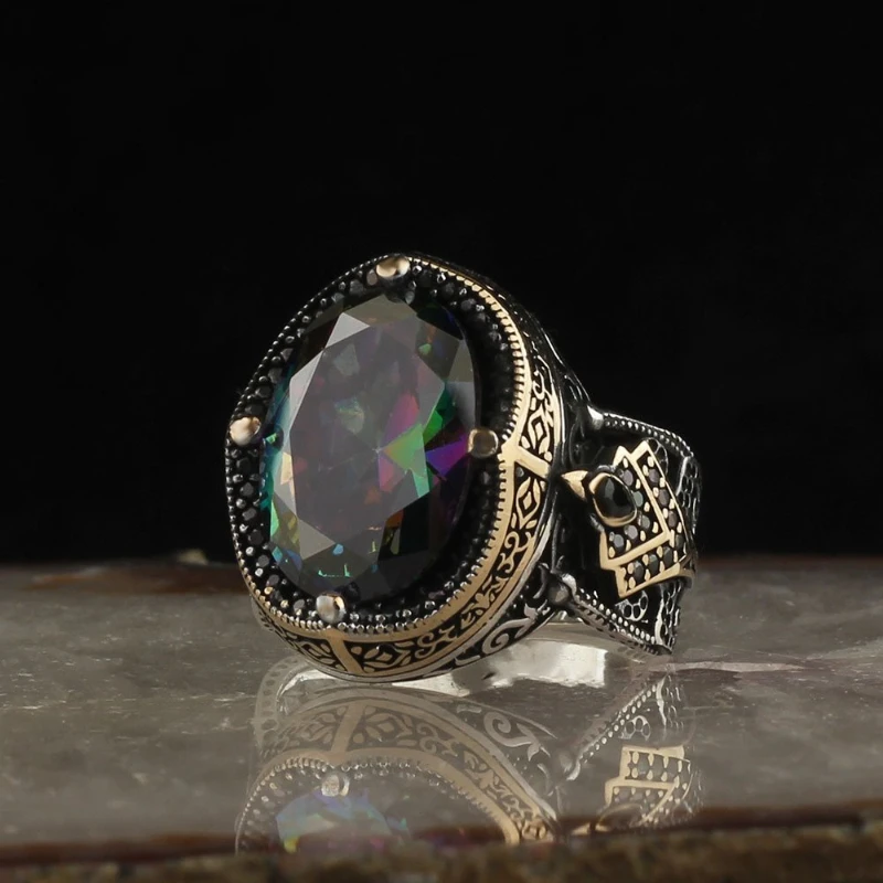 

Men's Mystic Topaz Stone Pattern Genuine 925 Sterling Silver Ring Special Design 2022 Summer Winter Fashion Trend All Sizes Free kargo