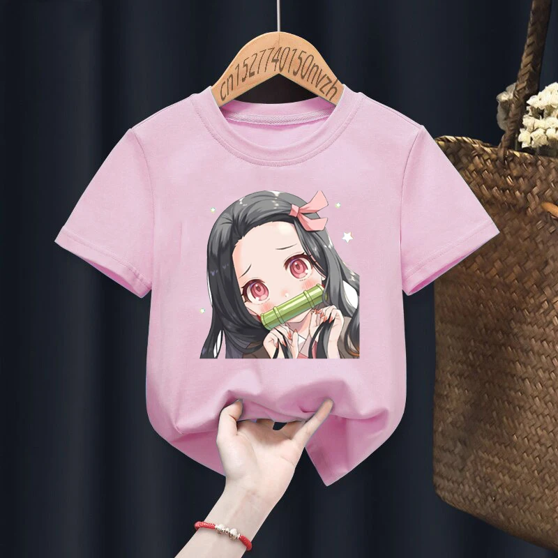 Camisetas con estampado de Nezuko Kamado Kimetsu no Yaiba para niños, ropa Kawaii Harajuku negra para bebés, Tops para niños y niñas, regalo, envío