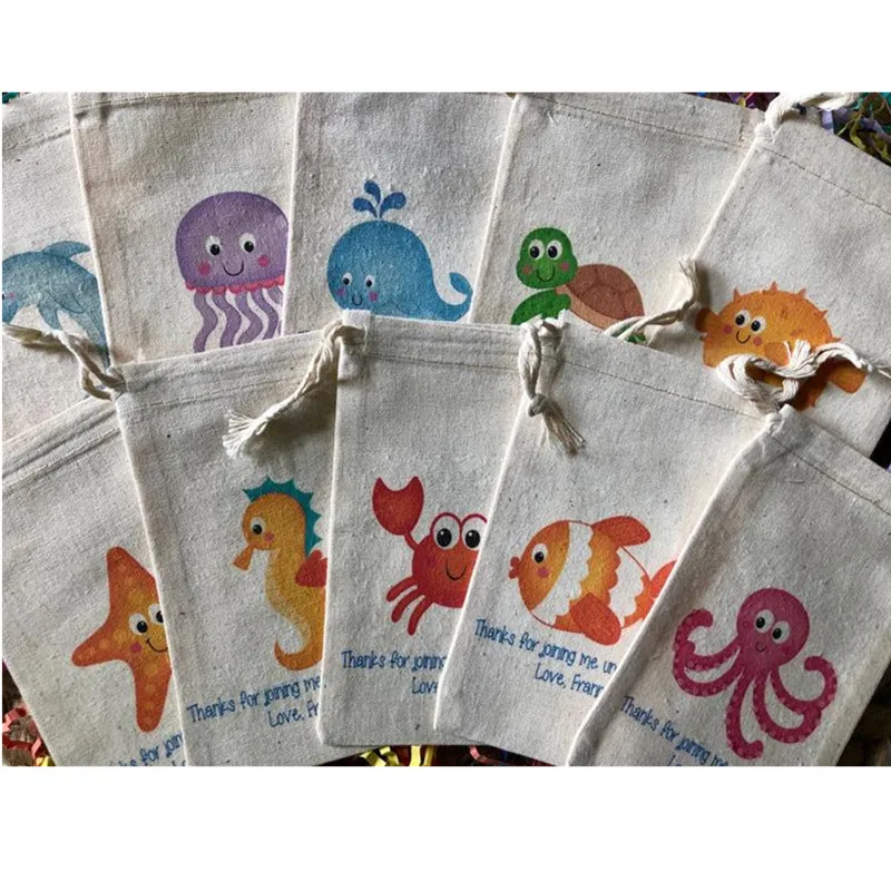 

Under the Sea Party favor bag personalized kid Birthday party Treat Bags baby Shower bags baptism bags welcome muslin gift bag