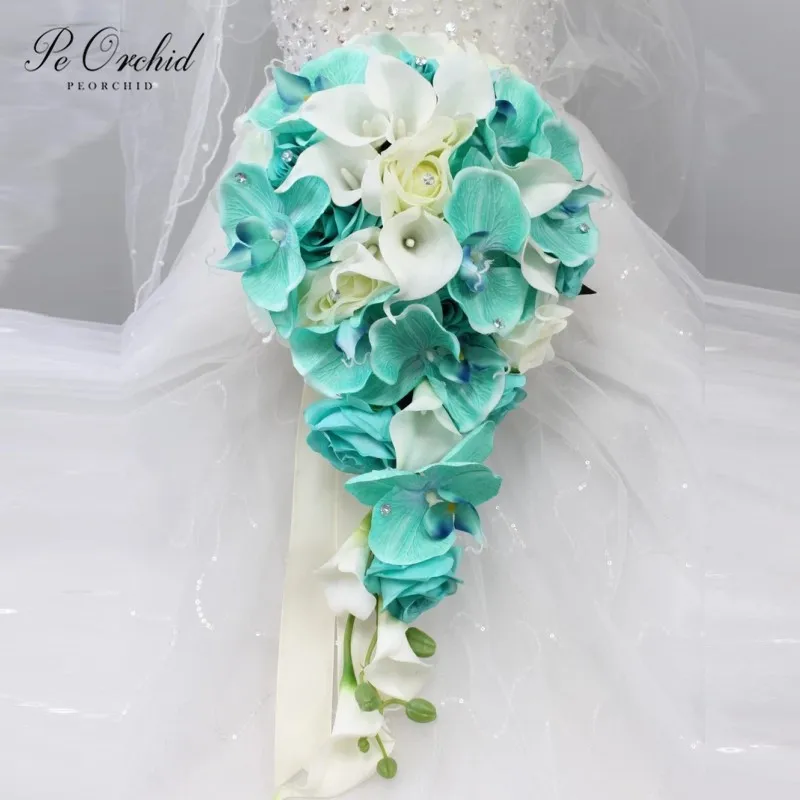 

PEORCHID Artificial Cascade Teardrop Wedding Bouquet Ivory Blue Orchids Real Touch Calla Lilies Beach Waterfall Bridal Bouquet