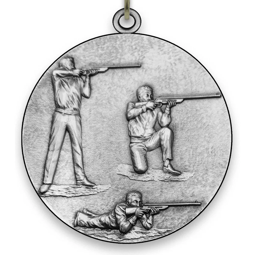 Large Metal Rifle Shooting Silver Medal - 6,4 cm - with Neck Ribbon size 2,2cm x 80 cm - Choice of Ribbon Colours.