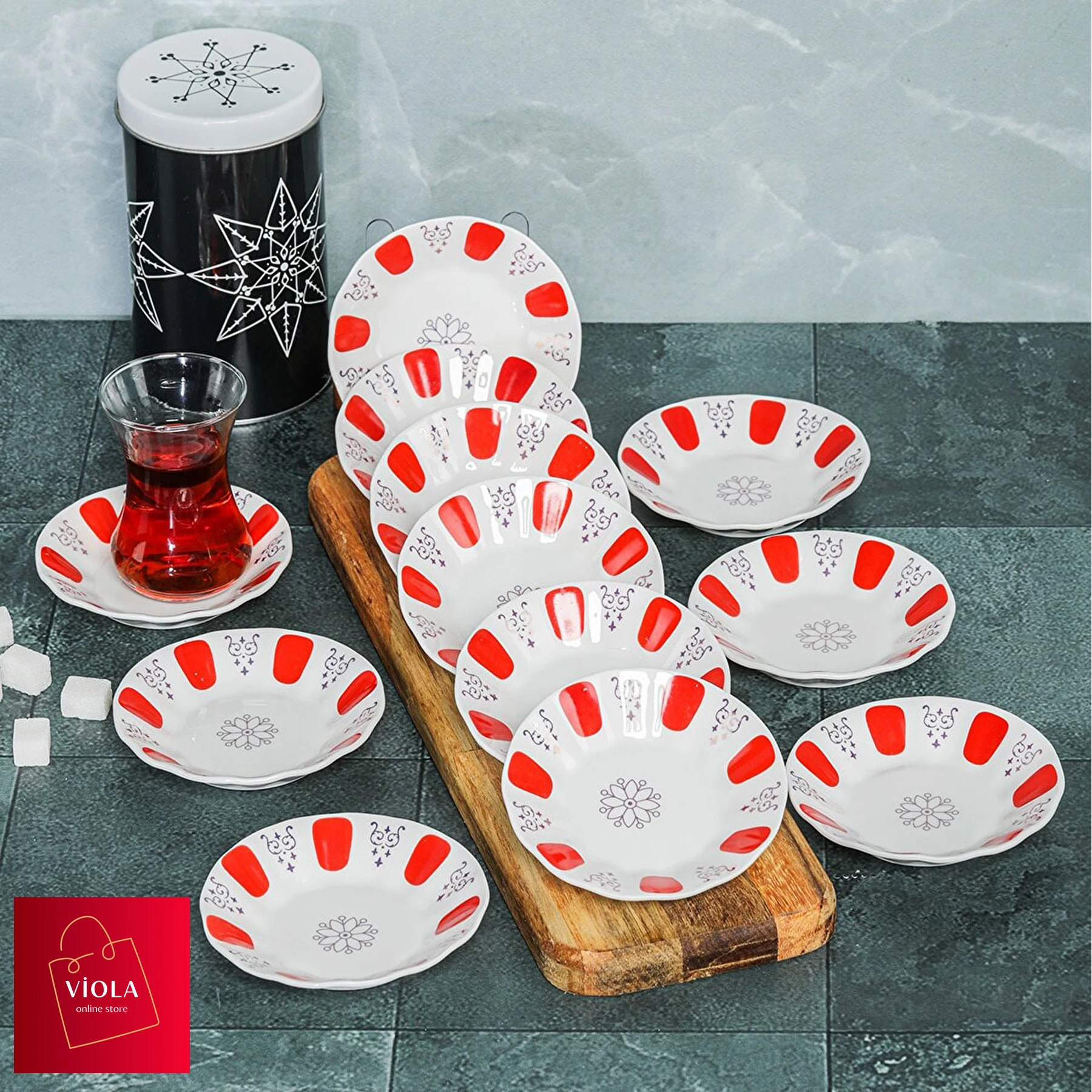 Porcelain 12 Pcs Turkish Tea Coaster Saucer Good Quality White Red Traditional Round Solid Printed Shaped Dishwasher Washable