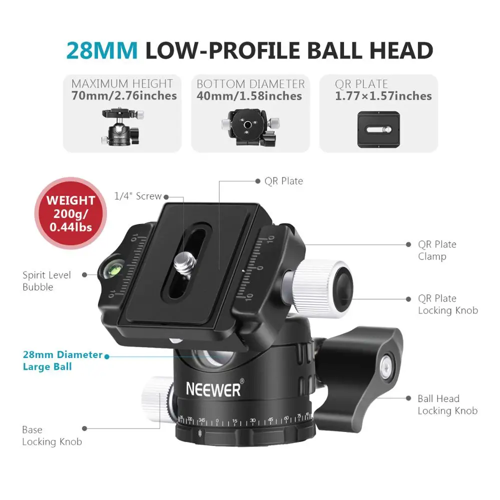 Neewer Professional Low-Profile Tripod Ball Head 360 Degree Panoramic Rotating + 2 Lock knobs,1/4 inch QR Plate and Bubble Level