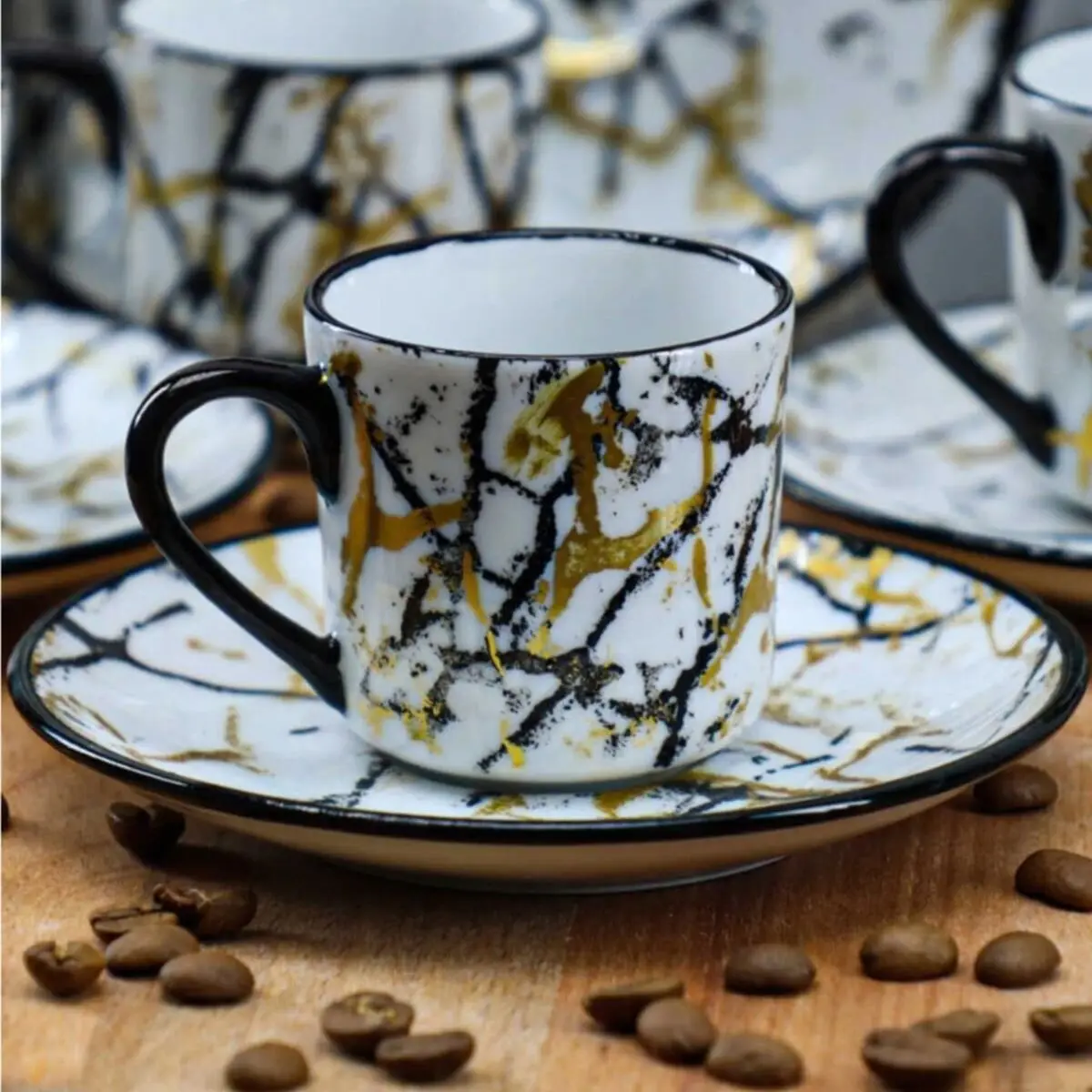 

Marble Pattern 12 Parça Porcelain Cup Pad Black Nordic Design Ceramic Porcelain Cup Pad Turkish Coffee Espresso