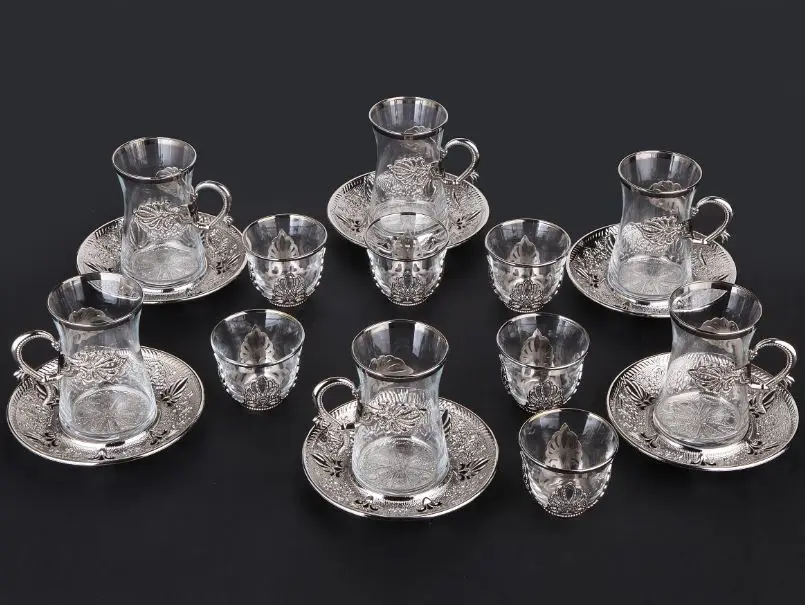 WONDERFUL AMAZİNG Handmade Authentic Gold Silver Anatolian Arabic Turkish Tea Cups And Saucers Set For Six Person.