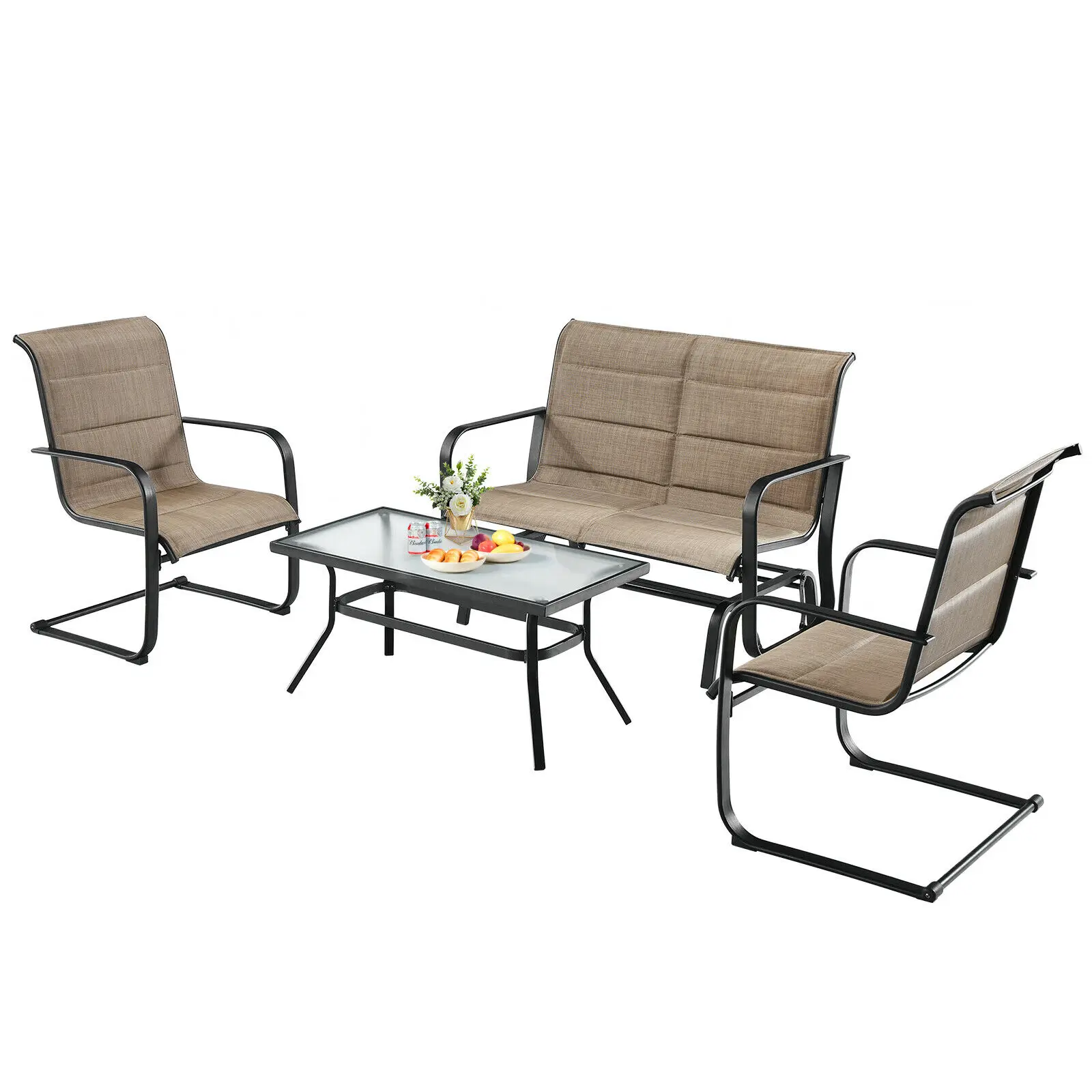 4 PCS Outdoor Patio Furniture Set Padded Chairs Glider Loveseat Coffee Table  NP10093WL-CF