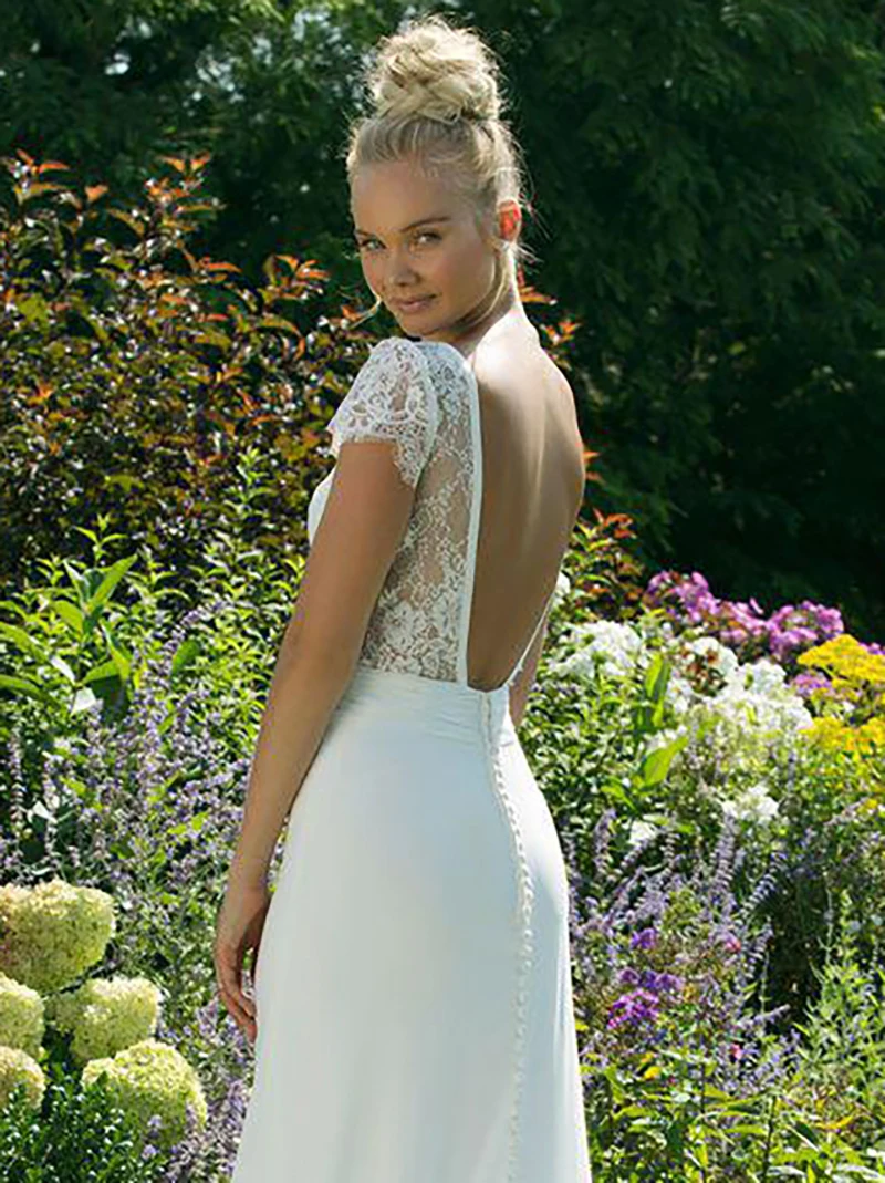 Elegant Kapmouwtjes Kant Schede Outdoor Strand Trouwjurk V-hals Chiffon Slanke Strakke Backless Rustieke Bruid Gown Custom Made