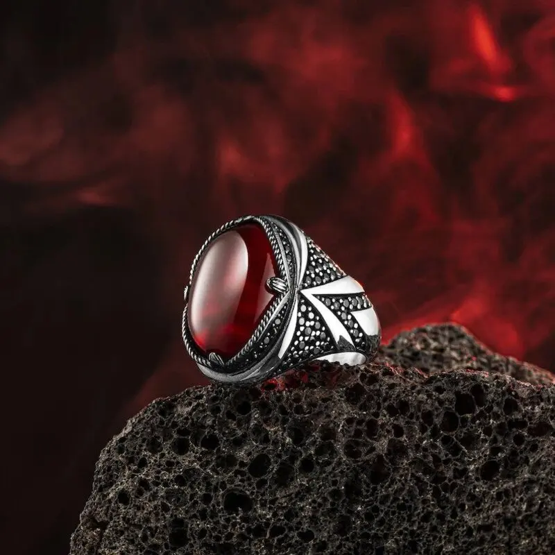 

925K Red Agate Side Black Zircon Stone Authentic Sterling Silver Antique Turkish Master Hand Ring Men's Rustic Accesory For Men