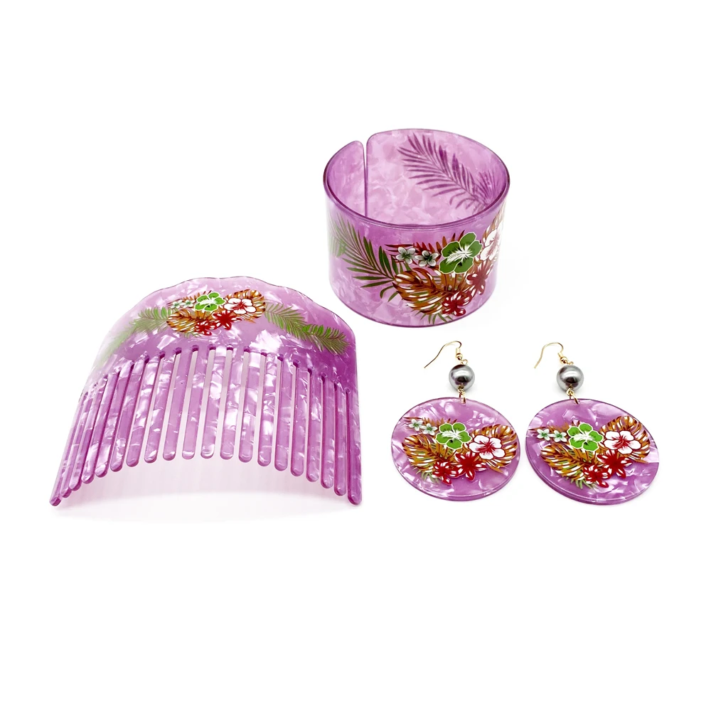 Newest Fashion Flowers Printed Bangle Comb Earring Jewelry Set For Pacific Islands Peoples Women Girls Gift Trendy Styles