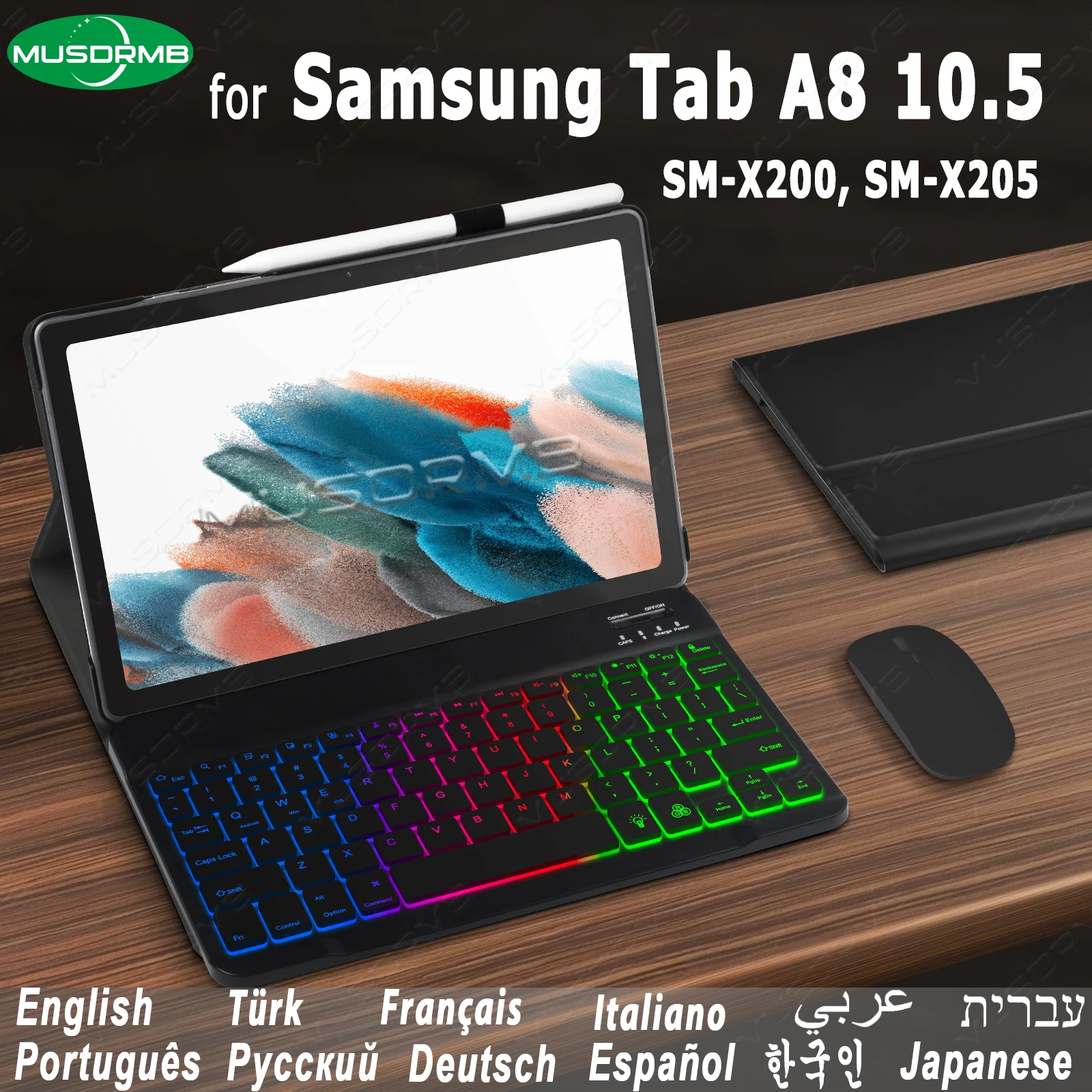 for Samsung Galaxy Tab A8 10.5 2021 Keyboard Case with Keyboard Rainbow Backlit Wireless Arabic Russian Spanish Korean AZERTY