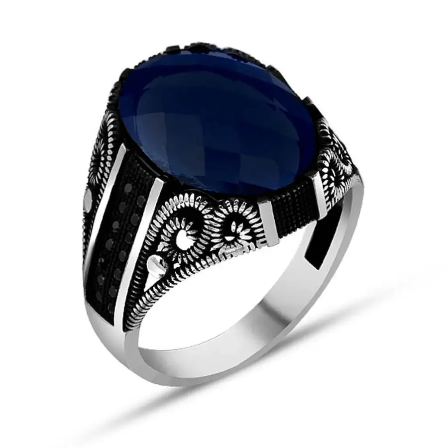 

Mini Black Stone Embellished Silver Men's Ring with Blue Zircon Stone Fashion Turkish Premium Quality Handmade Jawelery