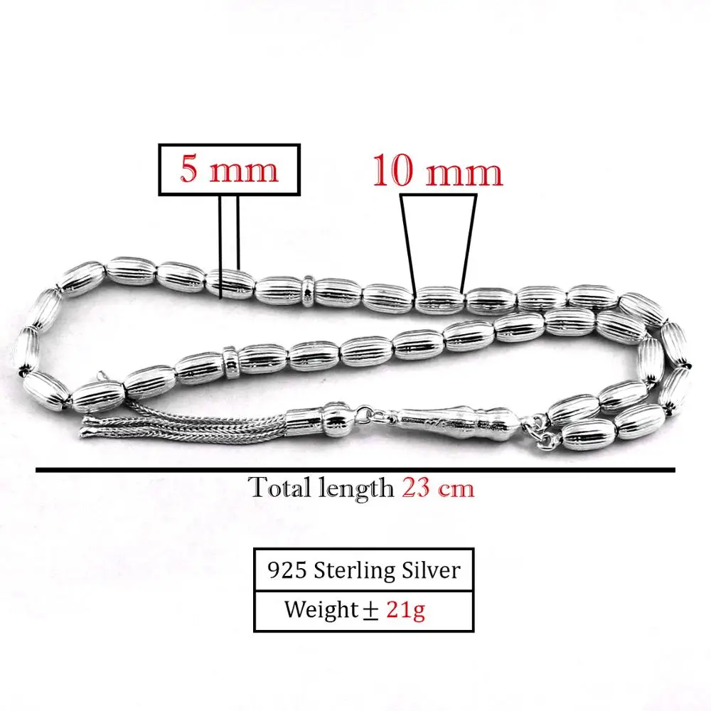 Pukka Real 925 Sterling Silver 33 Beads For Men Rosary Tasbeeh Tasbih Prayer Muslım Misbah Bracelet Accessory Beaded Gift