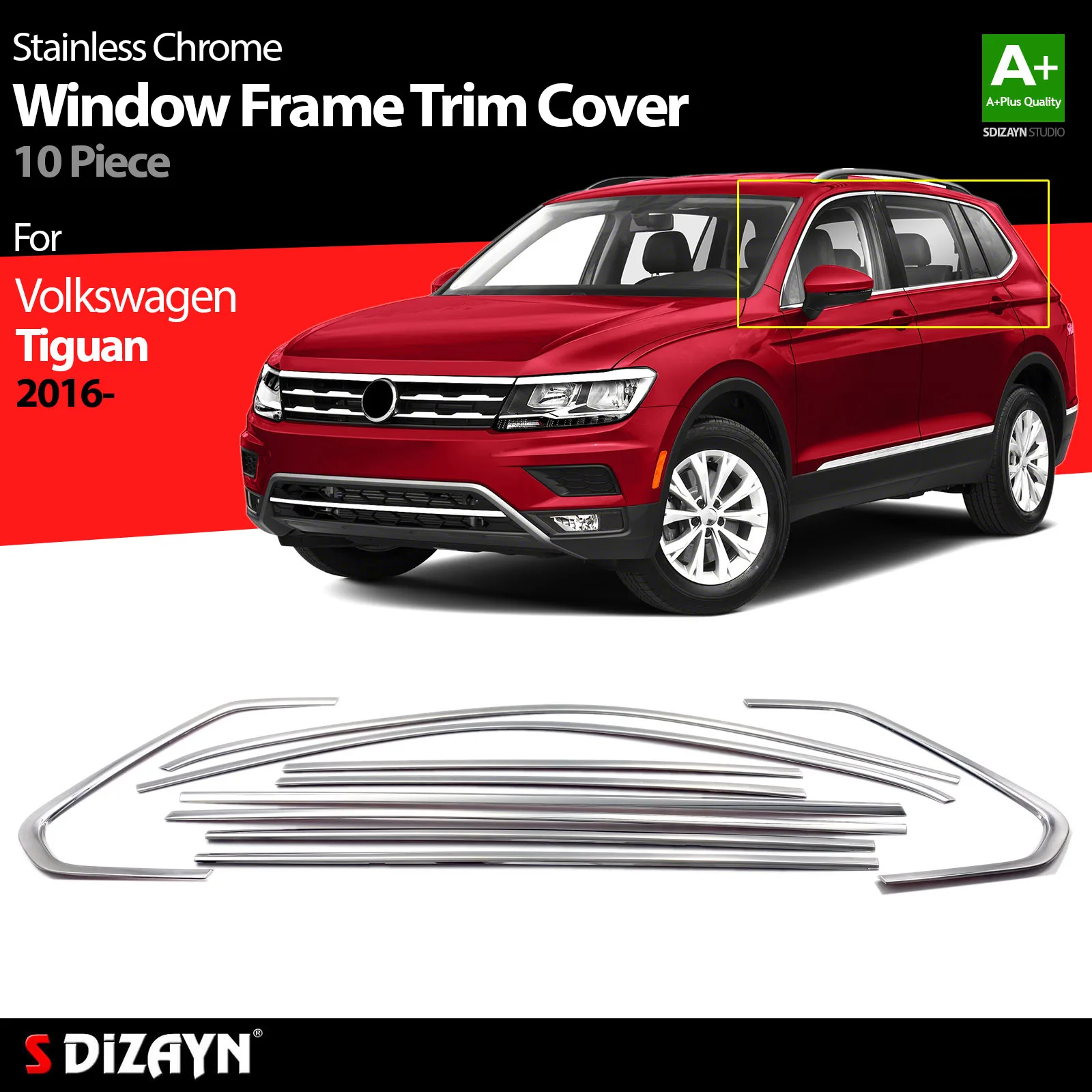 S Dizayn For Volkswagen Tiguan Chrome Window Frame Cover Trim Stainless Steel VW 10 Pc Exterior Car Accessories Part Auto Produc