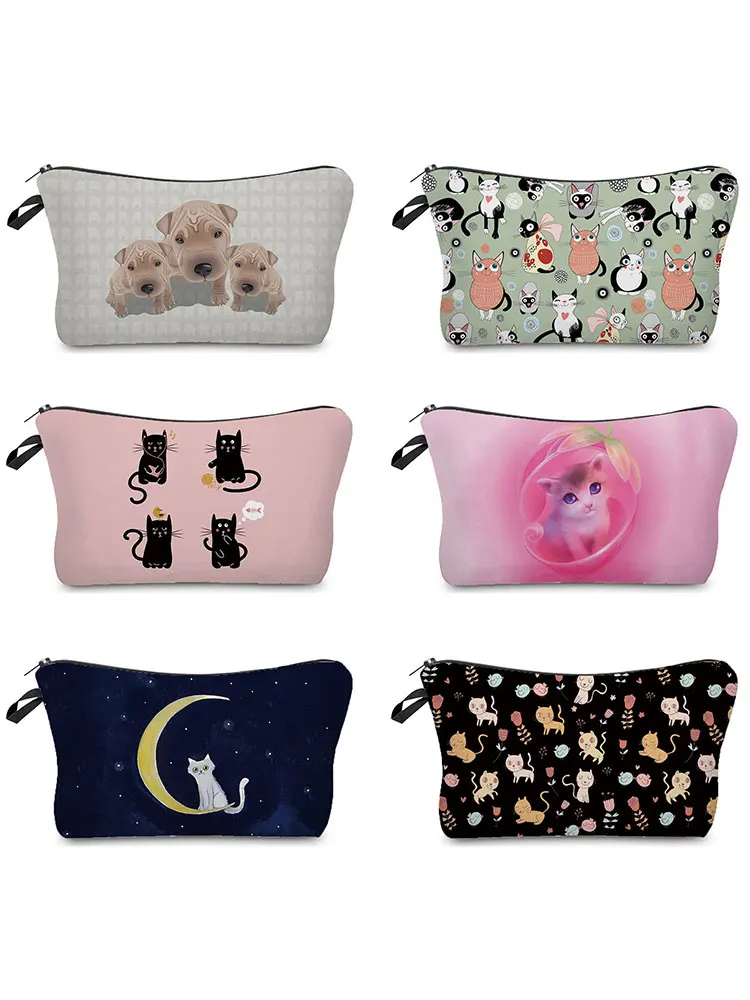 Cartoon Cat Double Sided Printed Cosmetic Bag Women Makeup Bag Cute Storage Bags Ladies Toiletry Bag Black Portable Pencil Case