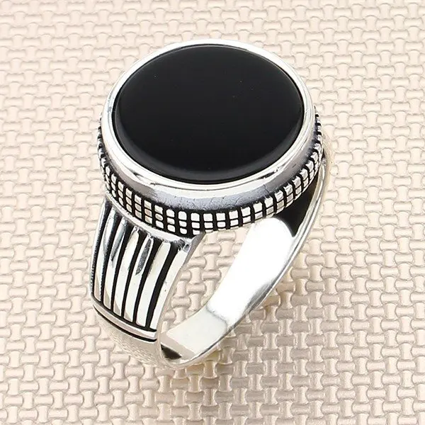 Round Black Onyx Stone Men Silver Ring With Symmetrical Motif Little Finger Ring Made in Turkey Solid 925 Sterling Silver