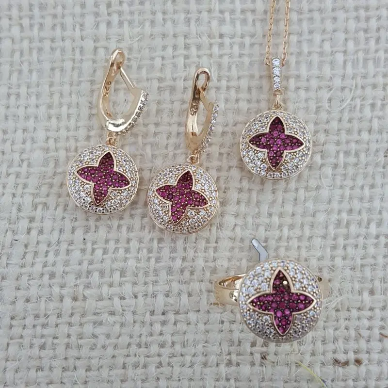 Silver Set 925 Silver Pink Star Ring Earing Necklace Set