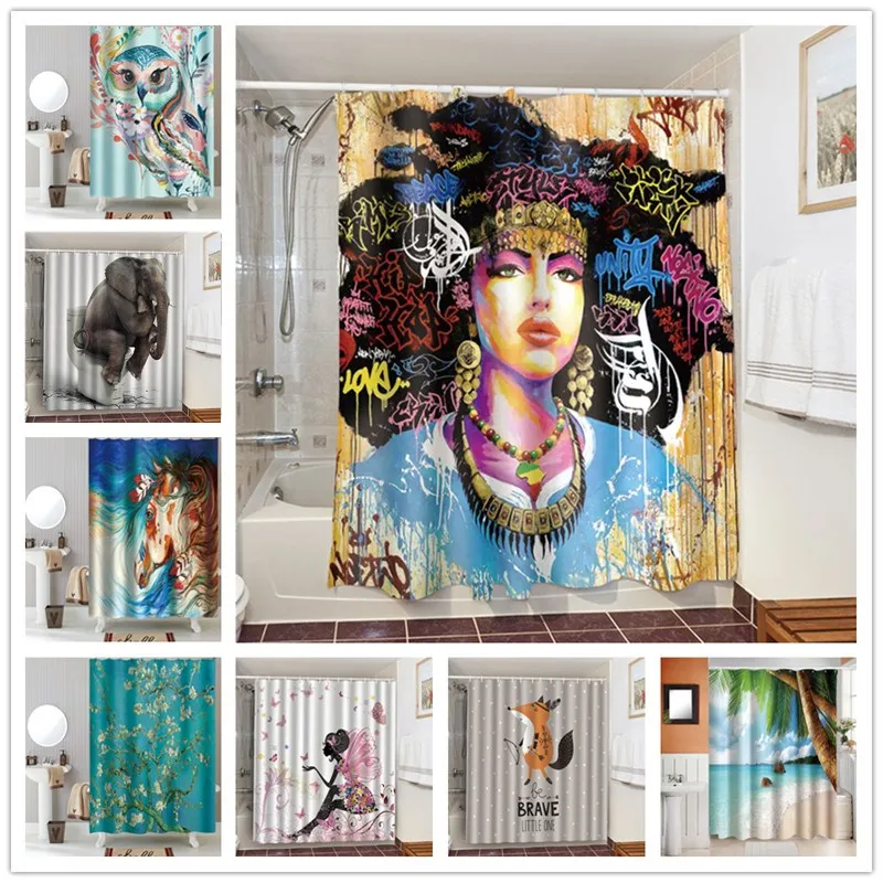 

Polyester Waterproof Home Shower Curtains Women Bird Horse Children Fox Natural Landscape Printing Bathroom Bath Curtain 150x180