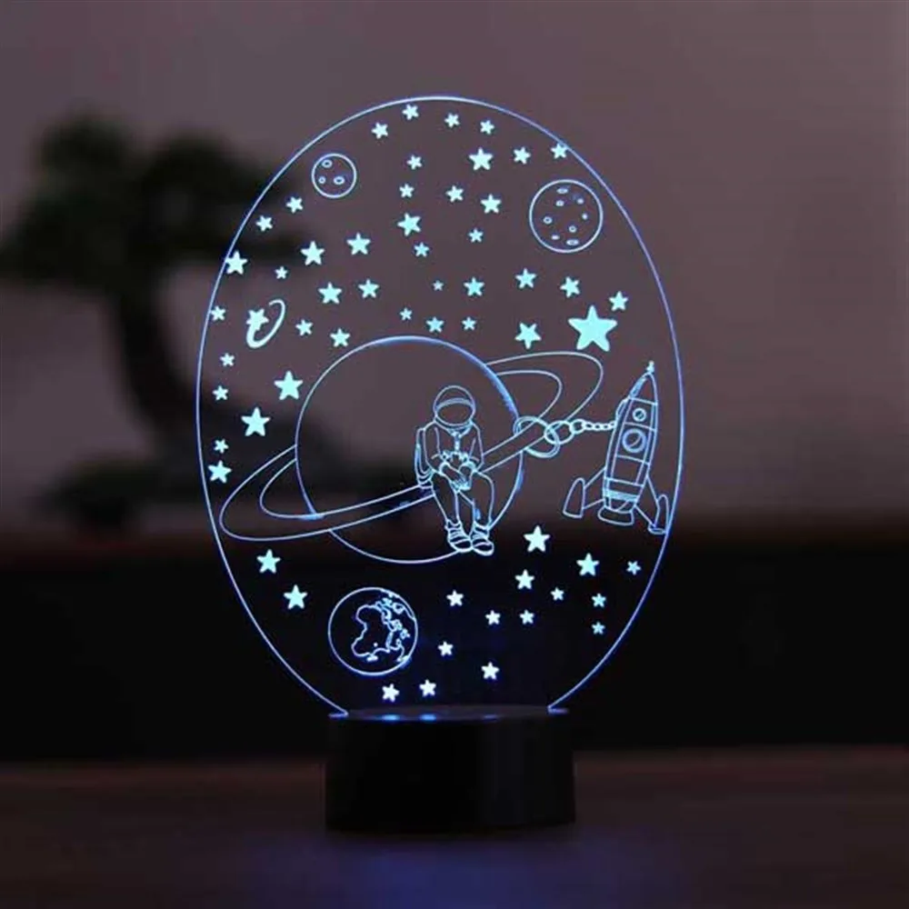 Saturn and Astronaut 3D Illusion Led Lamp 12 Volt Adapter Design Wood Base 7 Diffrent Light Color Birthday Special Day Gift Idea Lampe De Chevet Lampara Noche Dormitorio Luminária Mesa Bedroom Decor Candle Warmer