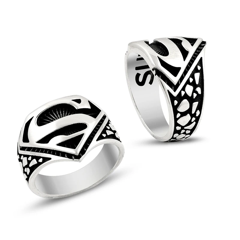 925 Silver Supermen Emblem Printed Rings for Men