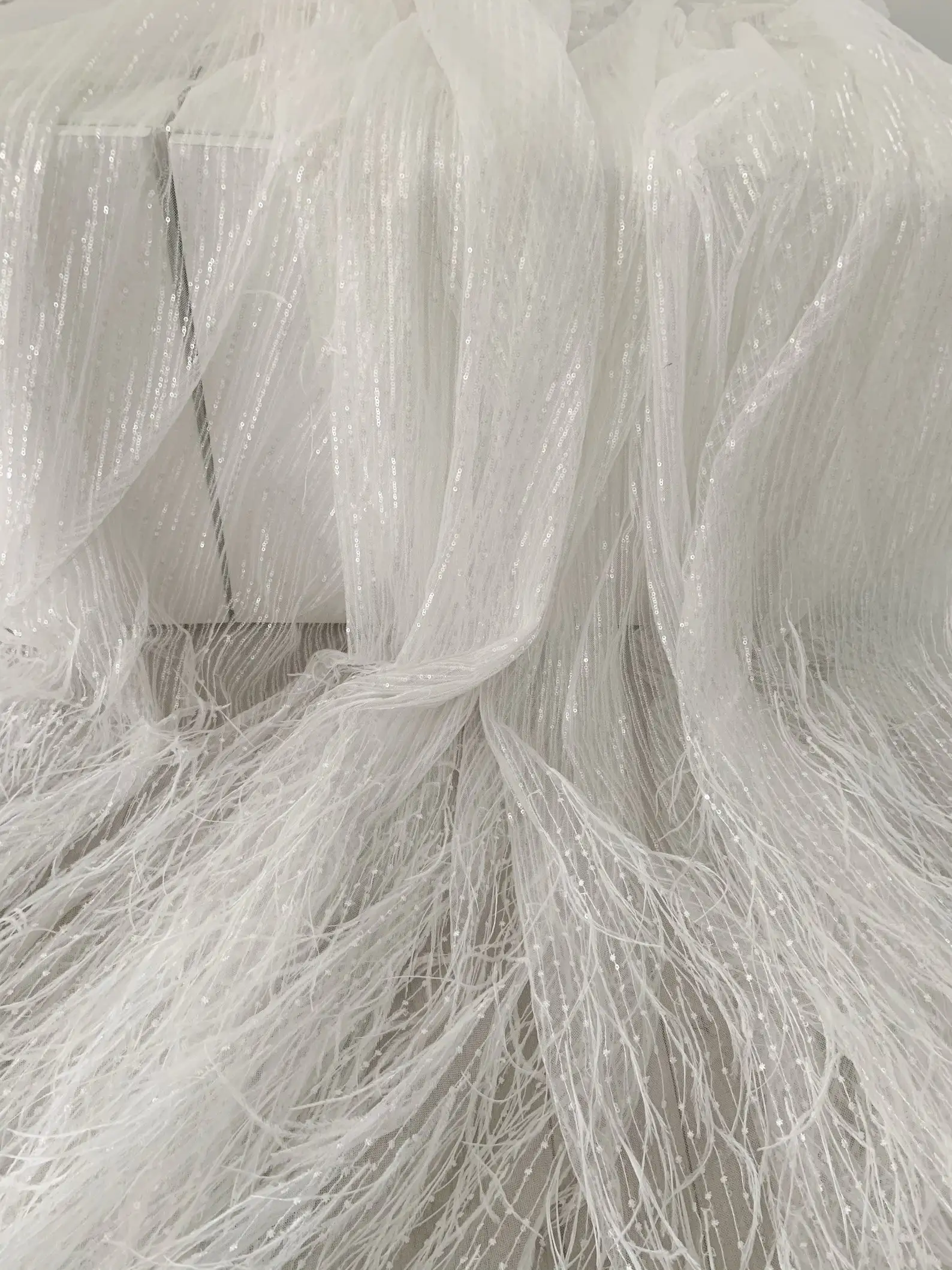 

Off White Sequined Tulle Fabric With Ostrich Feather, French Bead Lace Fabric For Haute Couture Dress