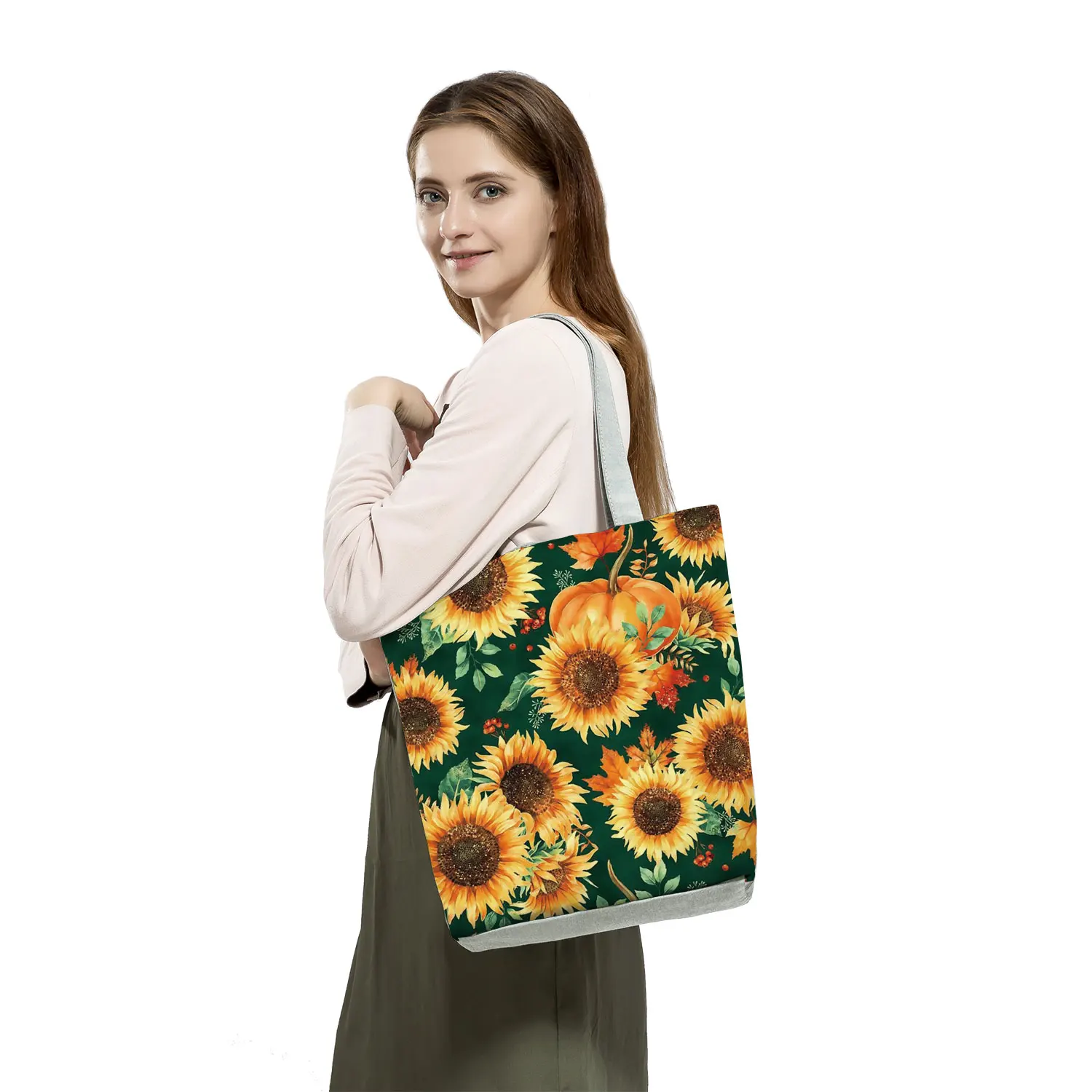 Customized Fashion Tote Refreshing Simple Casual Shoulder Bag Beautiful Sunflower Print Handbags High Capacity Eco Shopping Bags