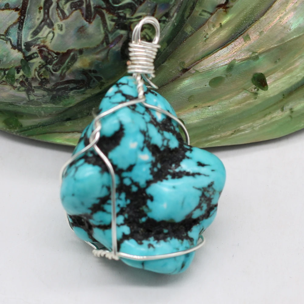 Natural Green Turquoise Pendant Winding Wire Irregural Agates Pendant Charms for Making DIY Jewerly Necklace Accessories