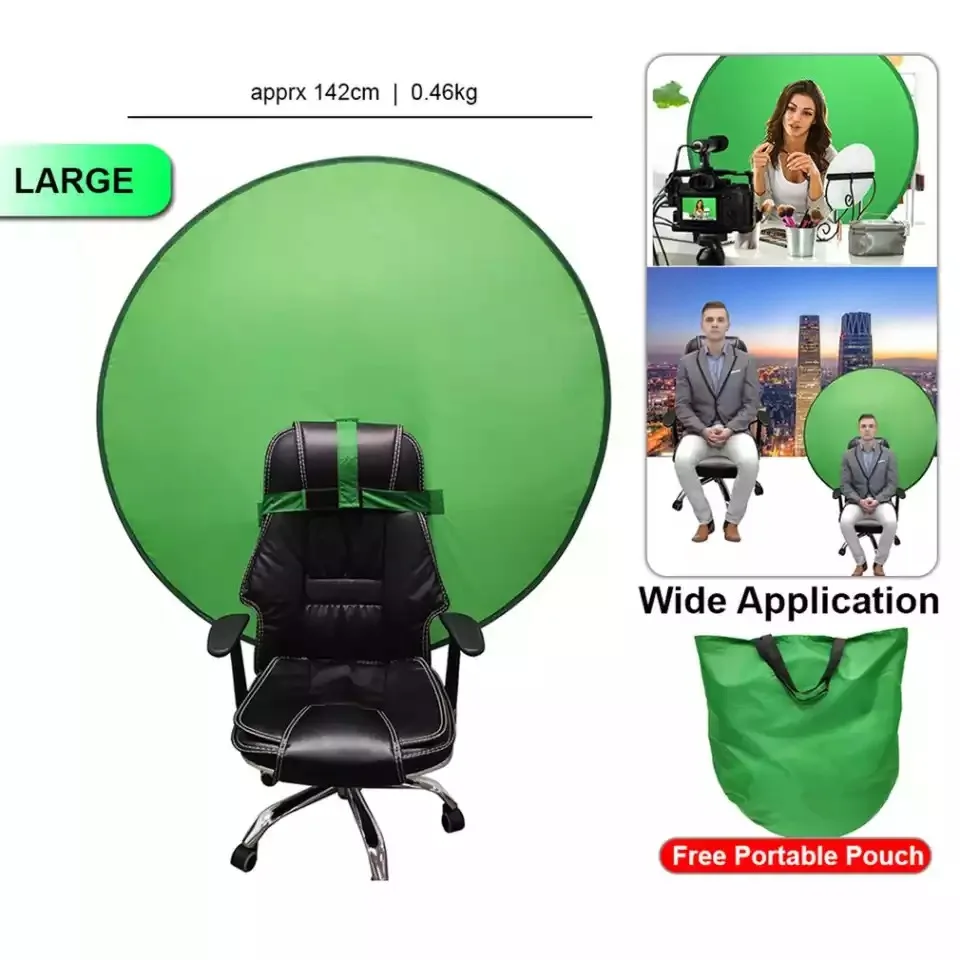 142cm Green Chroma Photography Background, Portable Circular Green Backdrop for Video Studio, Round Screen Reflector for Chair, Live Video Background, Youtube, TikTok, Instagram, Facebook, 142cm diameter