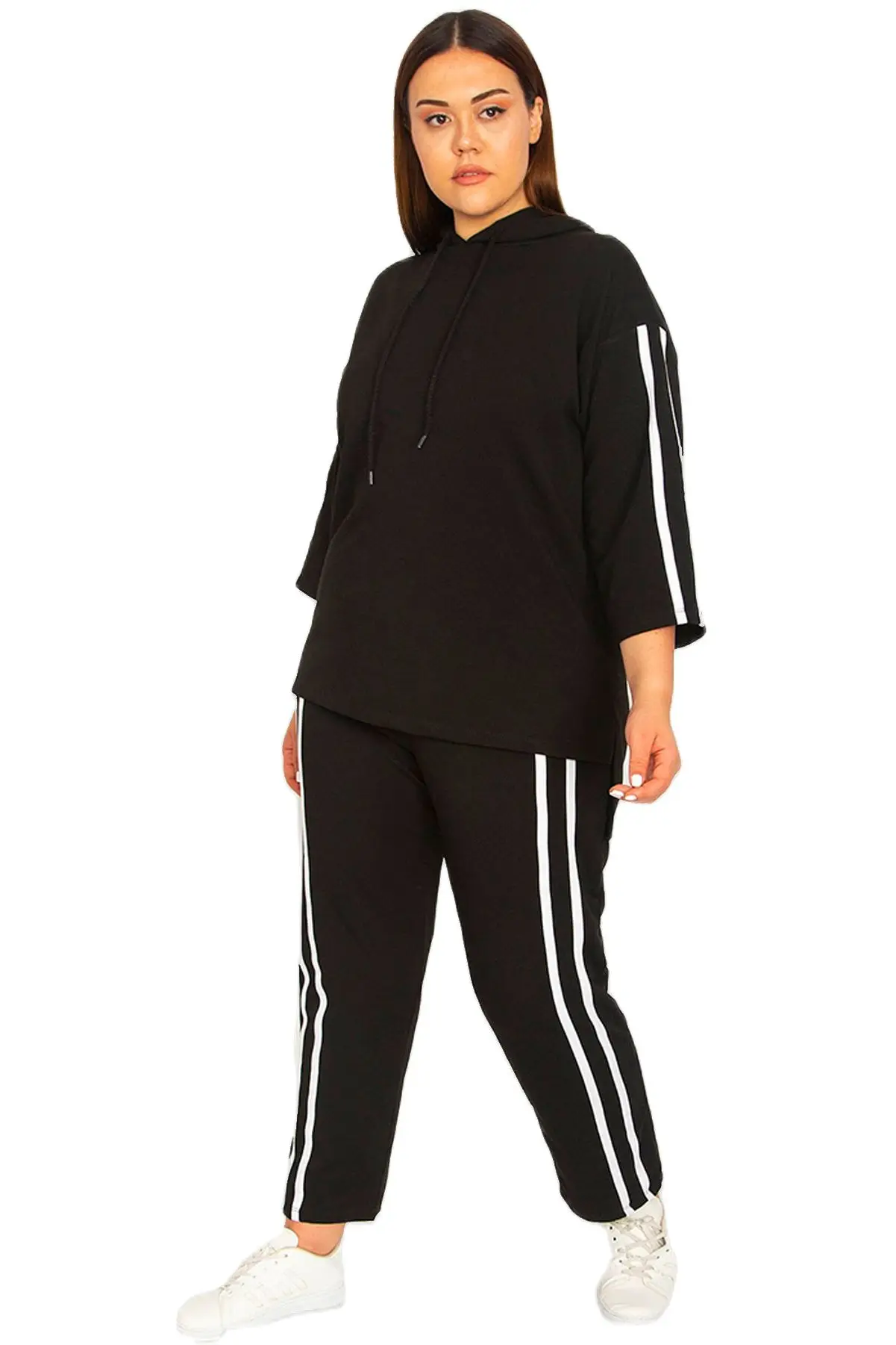 Vrouwen Plus Size Zwart Sweatsuit Set 2 Stuk Dubbele Gestreepte Detail Rits Trainingspak, ontworpen En Gemaakt In Turkije, Nieuwe Collectie