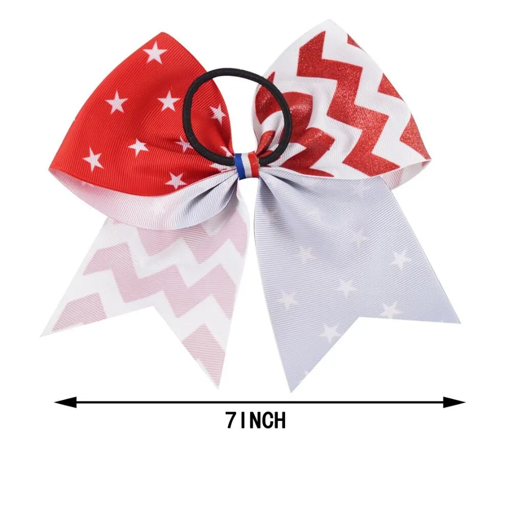 2pcs/lot 7\'\' 4th July Kids\' Printing Patchwork Patriotic Cheerbow with Elastic  Ponytail Ribbon Cheerleading Bows for Girls