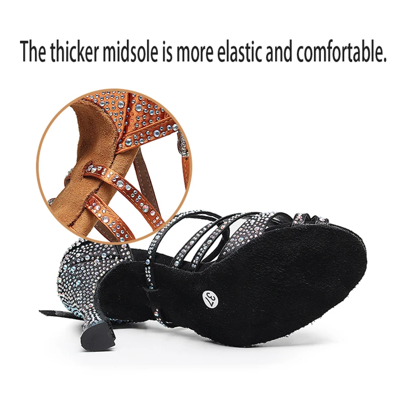 Woman Strappy Latin Ballroom Shoes Women Brown Balck Stain Silk Bachata Salsa Dancing Shoes for Girl Crystal Performance Shoes