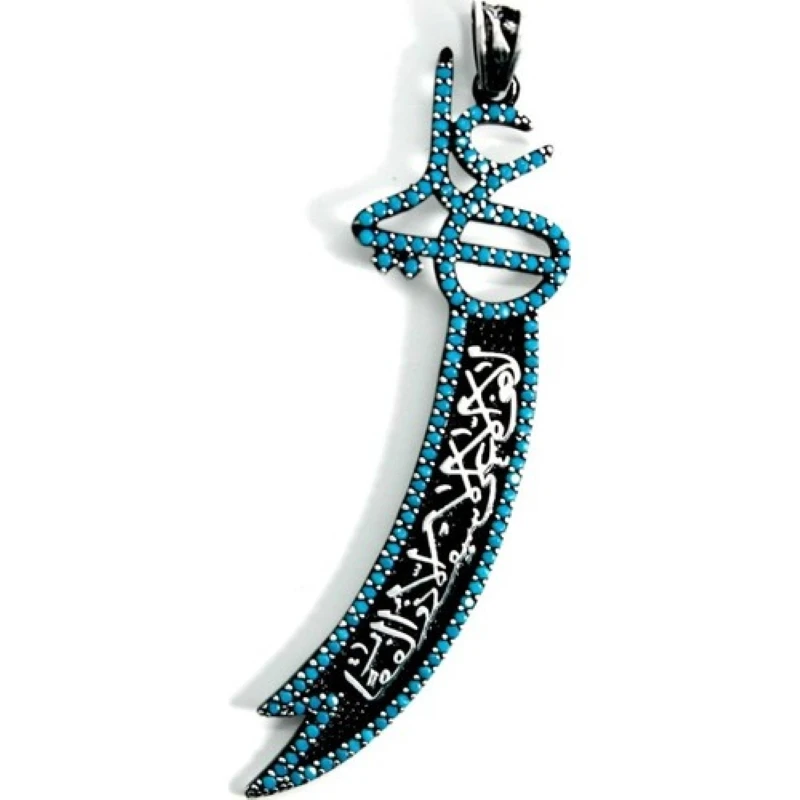 Silver Black Floor Zulfiqar Sword Cubic Zirconia, Silver Pendant Turkish Made Excellent Quality Muslim jewelry