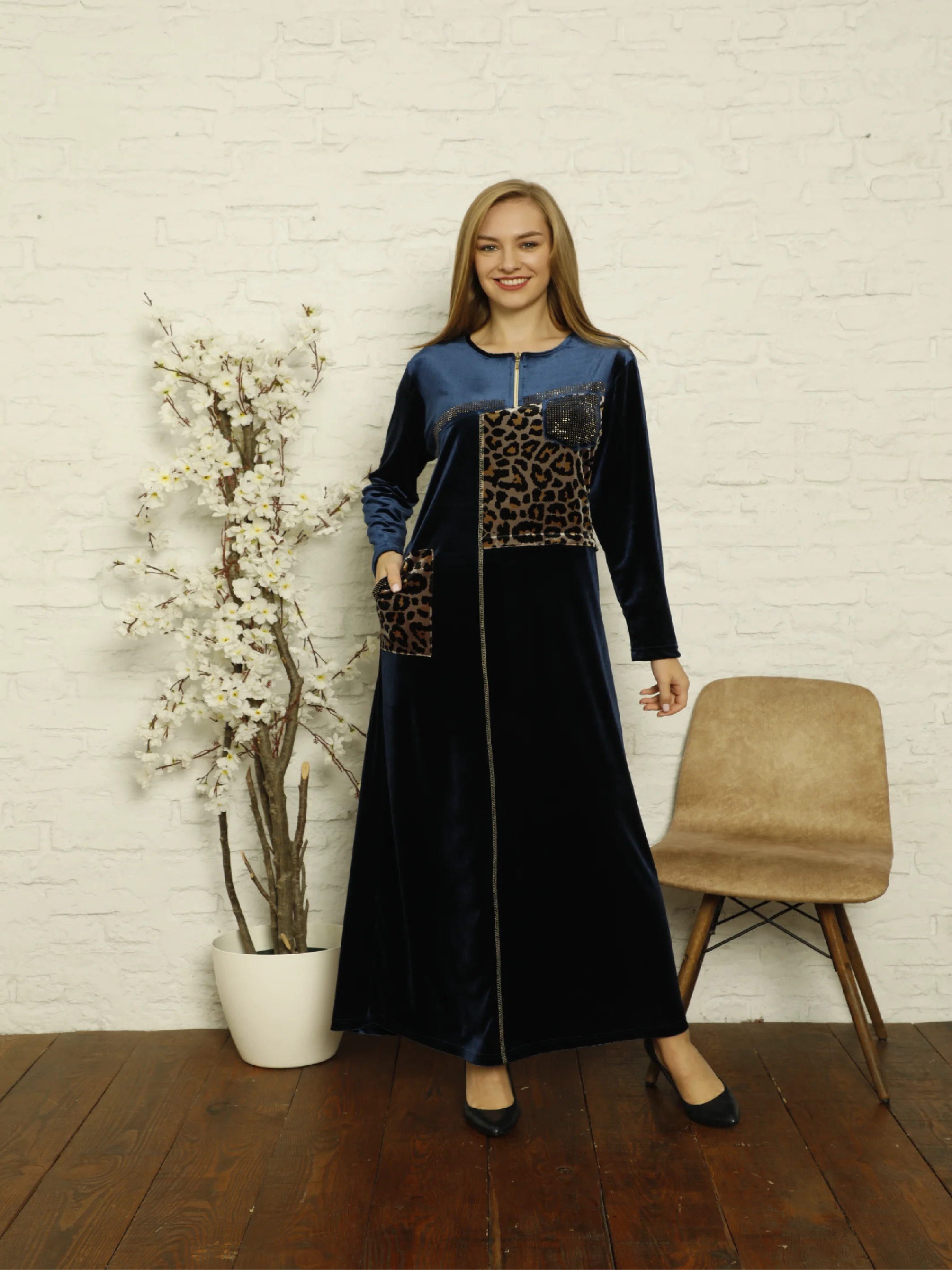 Laila 2021 New Season Autumn Winter Leopard print Pocket Stone Embroidered Long Shiny Velvet Fabric Kaftan Dubai Abaya Turkey Muslim Fashion Hijab