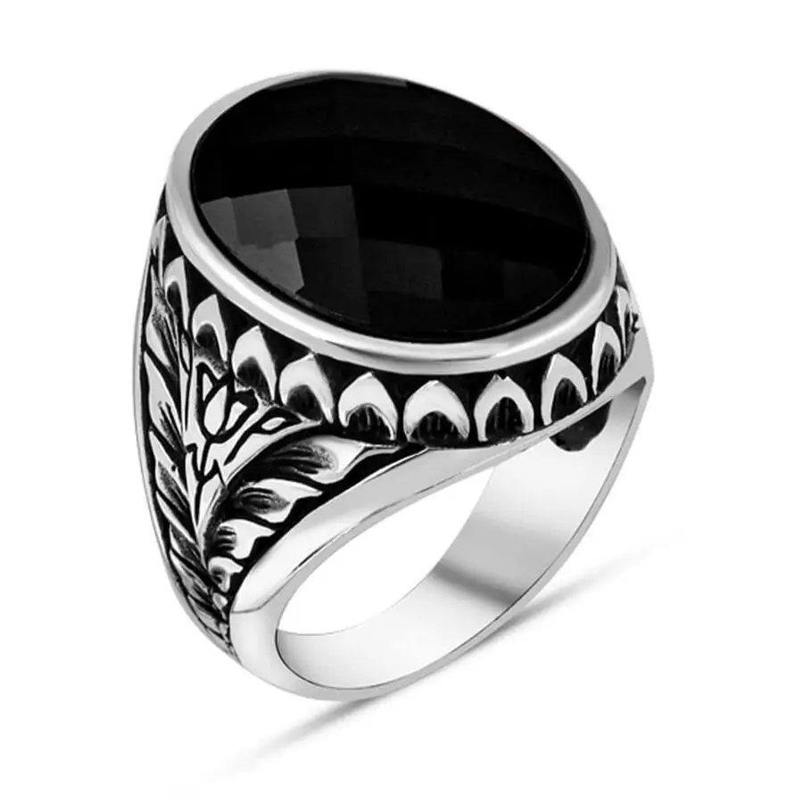 Tulip Patterned Facet Cut Black Zircon Stone Silver Men's Ring Fashion Turkish Premium Quality Handmade Jawelery