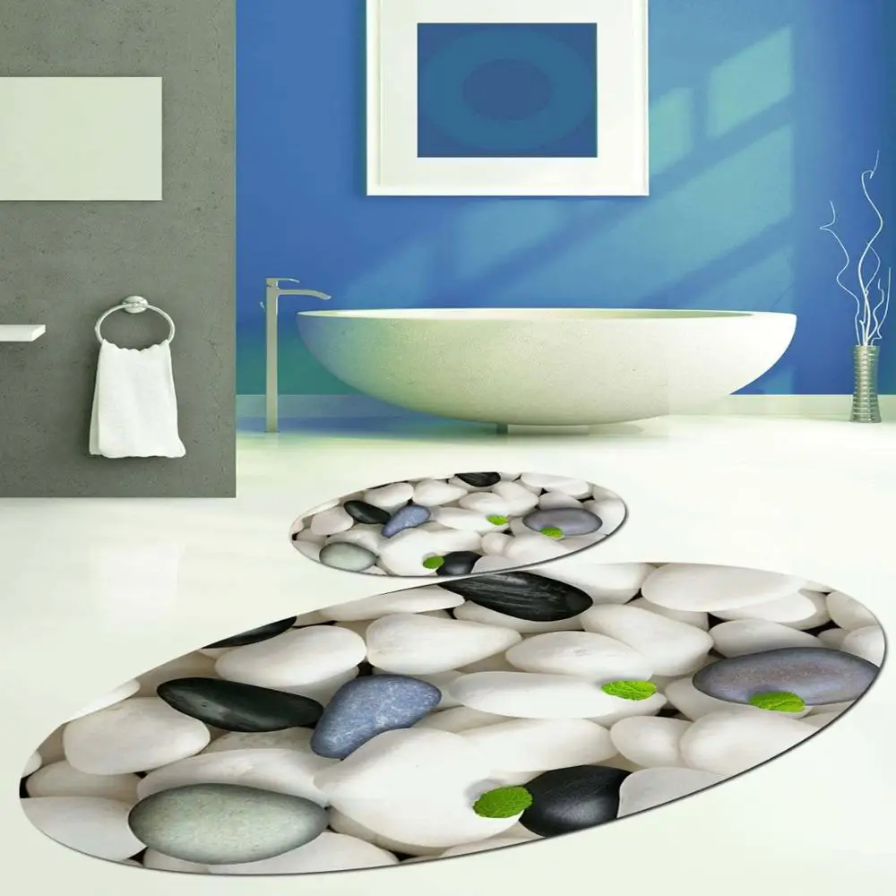 

Else Gray White Black Pebble Stones Oval 2 Pcs 3d Pattern Print Bath Mats Anti Slip Soft Washable Bathroom Mat Toilet Rugs