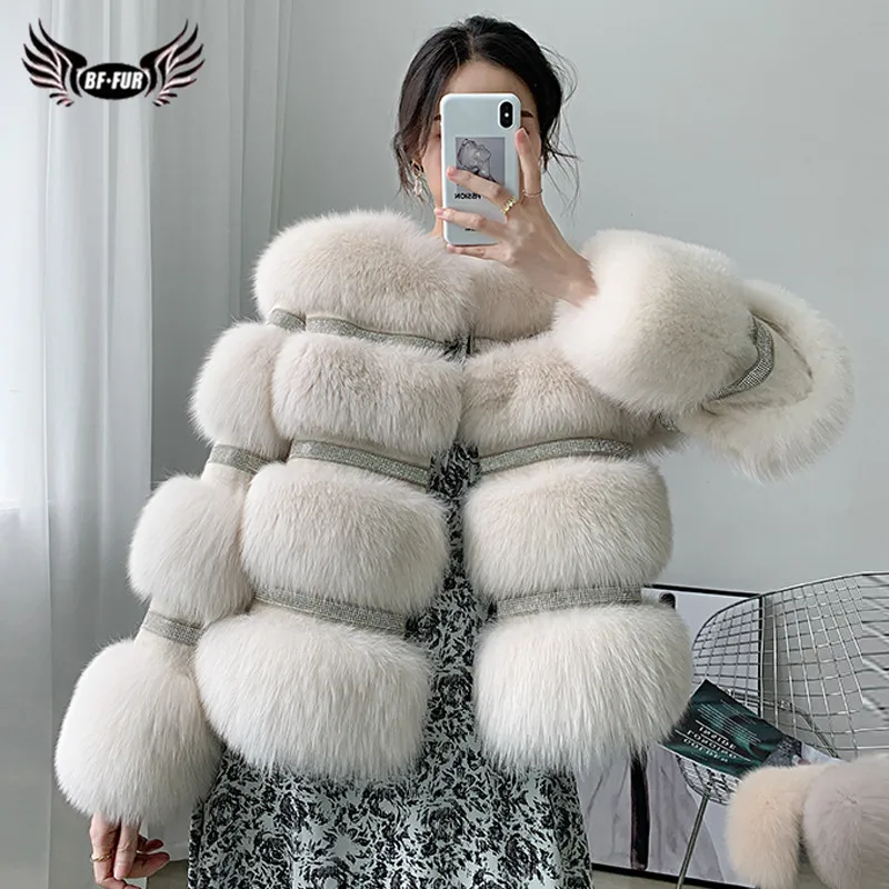 BFFUR Winter New Real Fox Fur Coat Women Genuine Fox Fur Jacket Splicing Cashmere Woolen Fur Coats With Crystal Diamonds